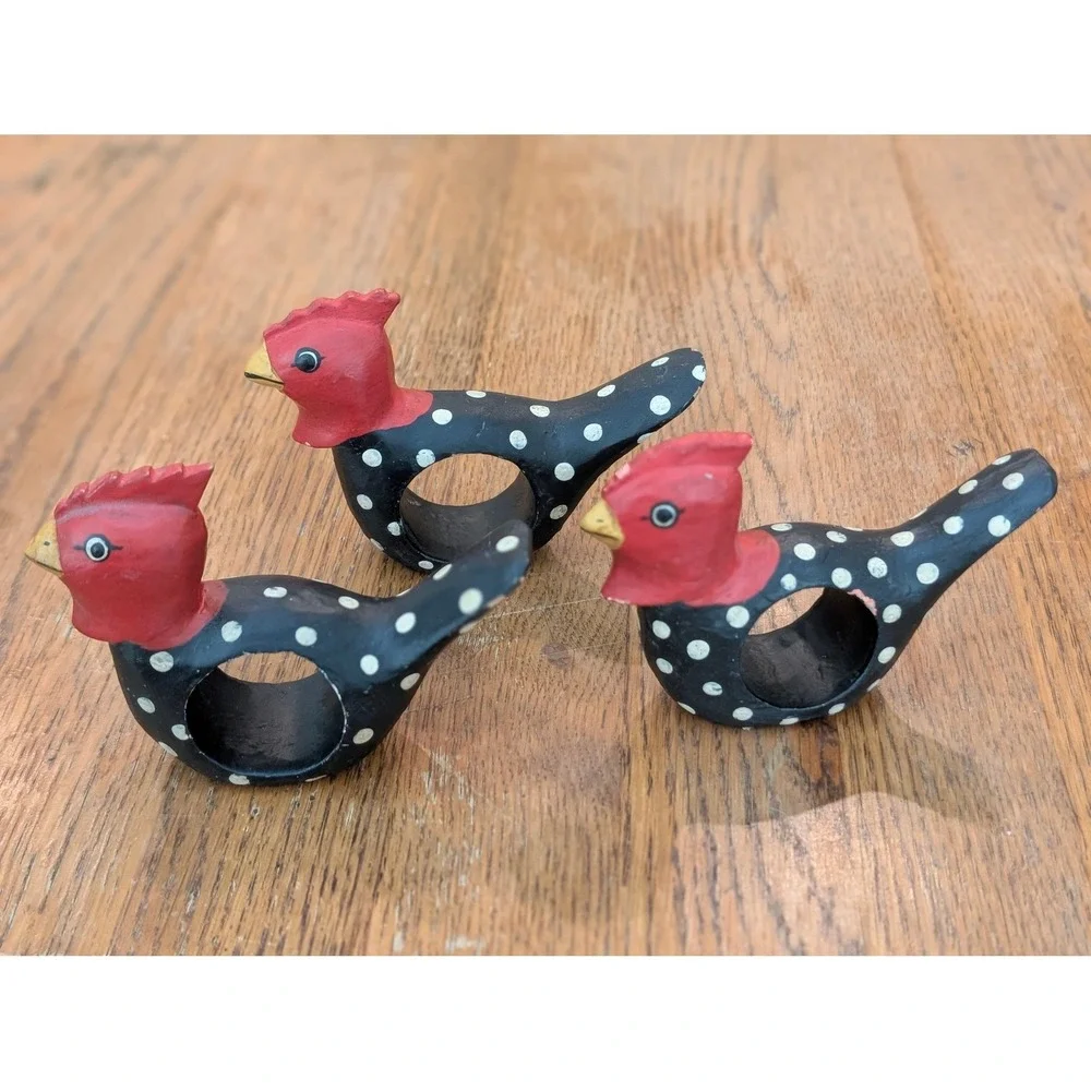 Vintage‎ Hand Painted Wooden Chicken Napkin Rings 4 Black Polka Dot Folk Art